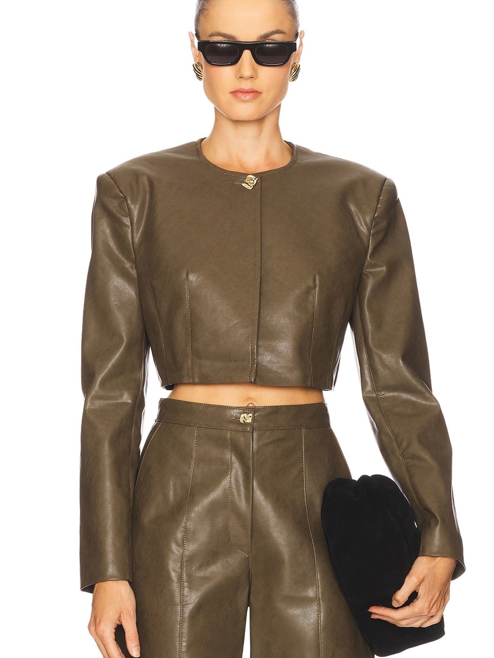 Sabina Musayev Tim Jacket Dark Khaki Faux Leather Cropped Blazer M NWT